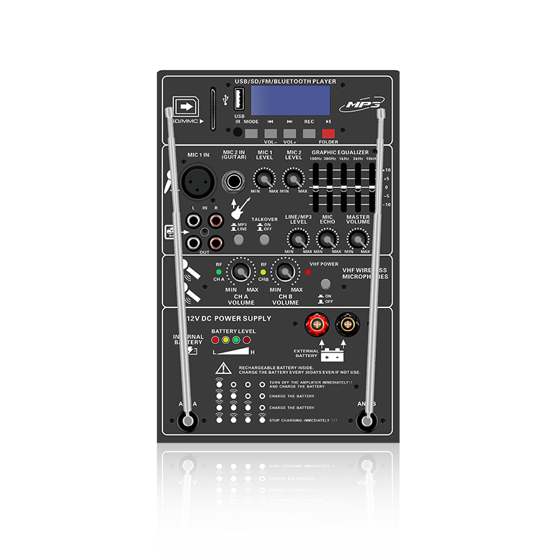 PL13-5EQ: Zwei Mikrofonkanäle und Lautstärkeregelung mit 5-Band-Grafik-Equalizer, wiederaufladbarem Lautsprecher-Funktionsmodul