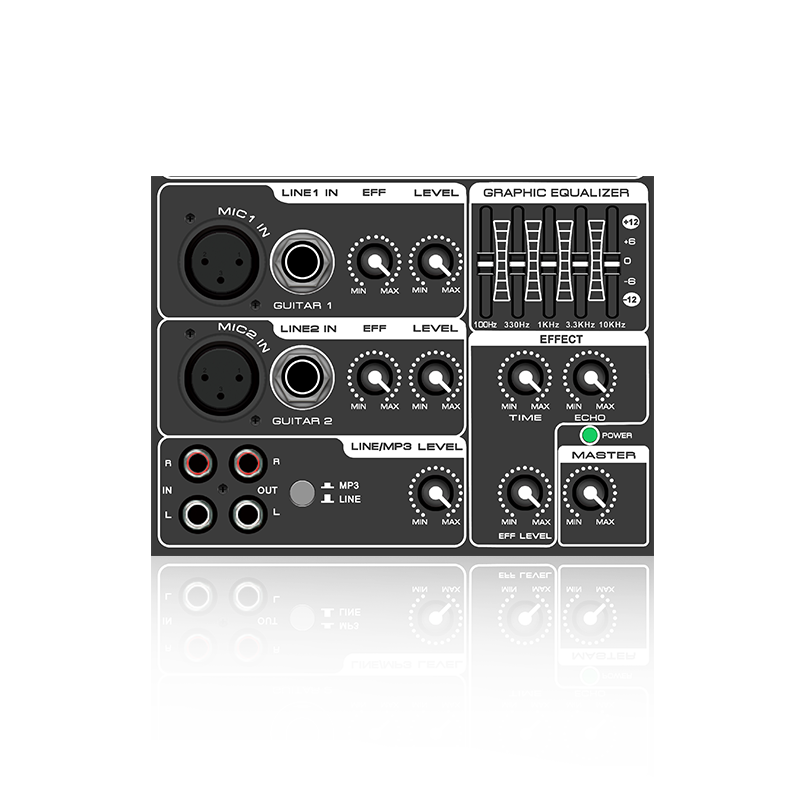 PL3: Horizontales analoges Funktionsmodul mit 5-Band-Grafik-Equalizer und Mikrofoneffekt für Verstärker der Klasse AB