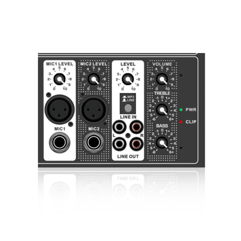 PL4: Horizontales analoges Funktionsmodul mit zwei Mikrofoneingängen und einem Eingang für einen Leitungskanal für Verstärker der Klasse AB