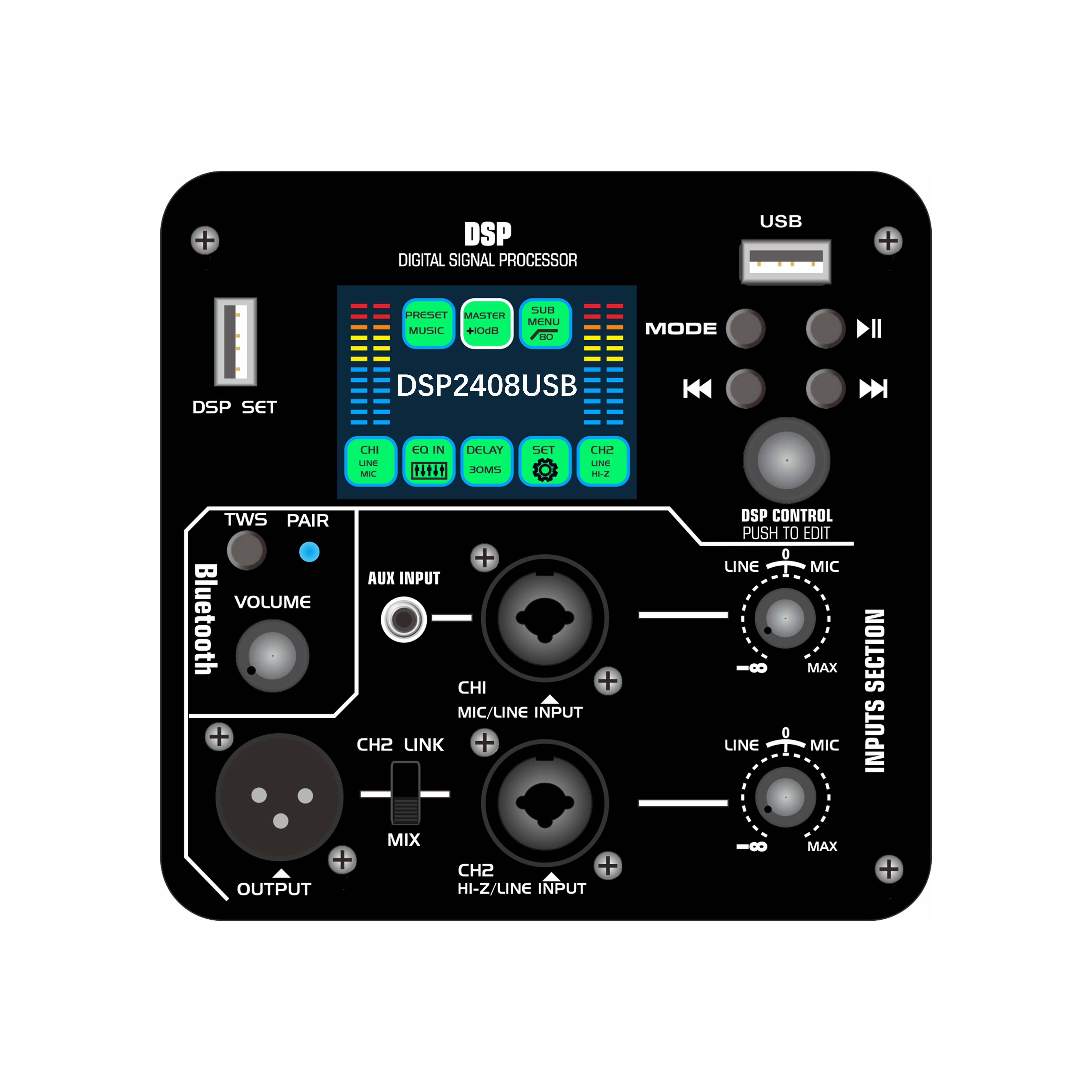 DSP2408USB Aktiver DSP-Leistungsverstärker mit Farbbildschirm und Audiowiedergabefunktion über USB-Flash-Laufwerk